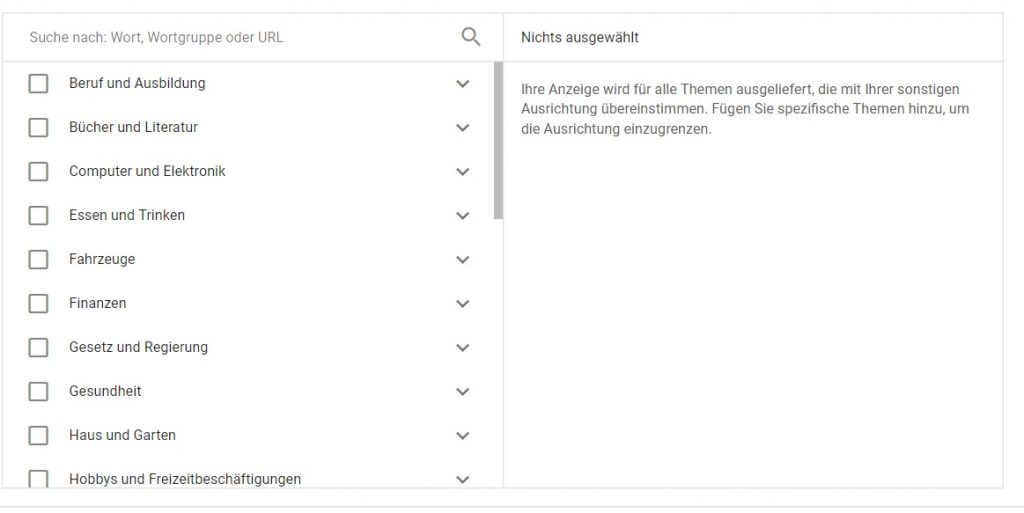 Google Displaynetzwerk Targeting Themen